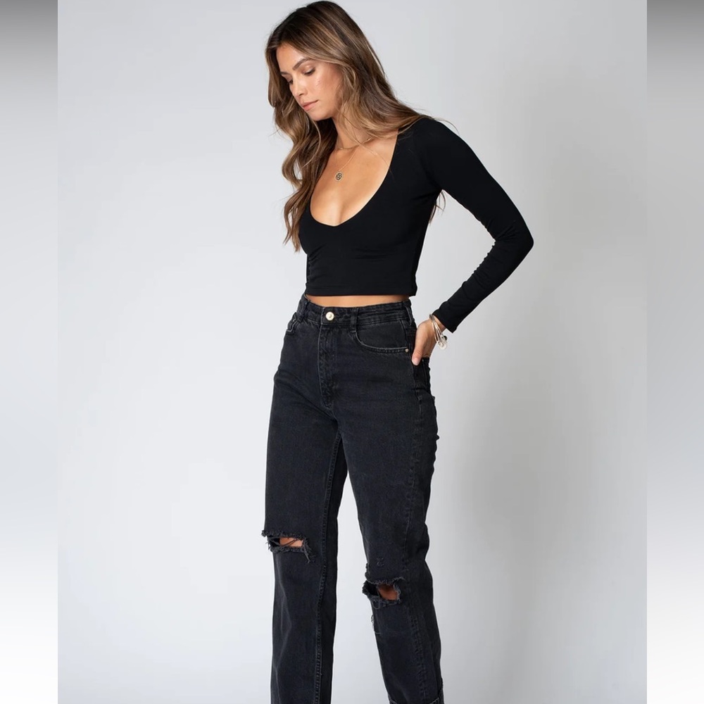 Stillwater the brand deep v crop long sleeve brown large